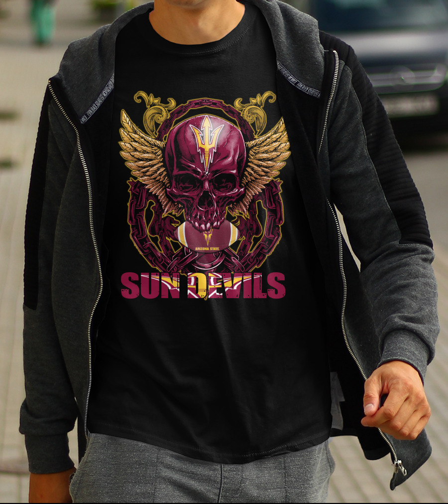 Arizona State Sun Devils Skullfb Winged Skull Football T-Shirt