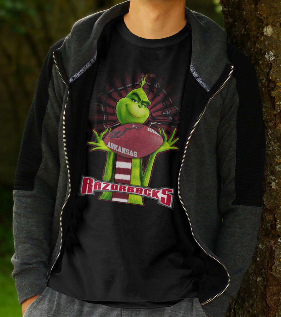 Grinch Holding Arkansas Razorbacks Football T-Shirt