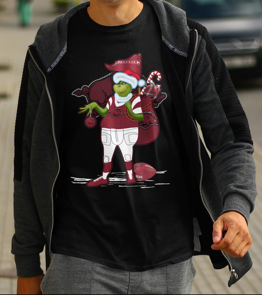 Grinchxmas Arkansas Razorbacks Santa Hat Football Candy Cane T-Shirt