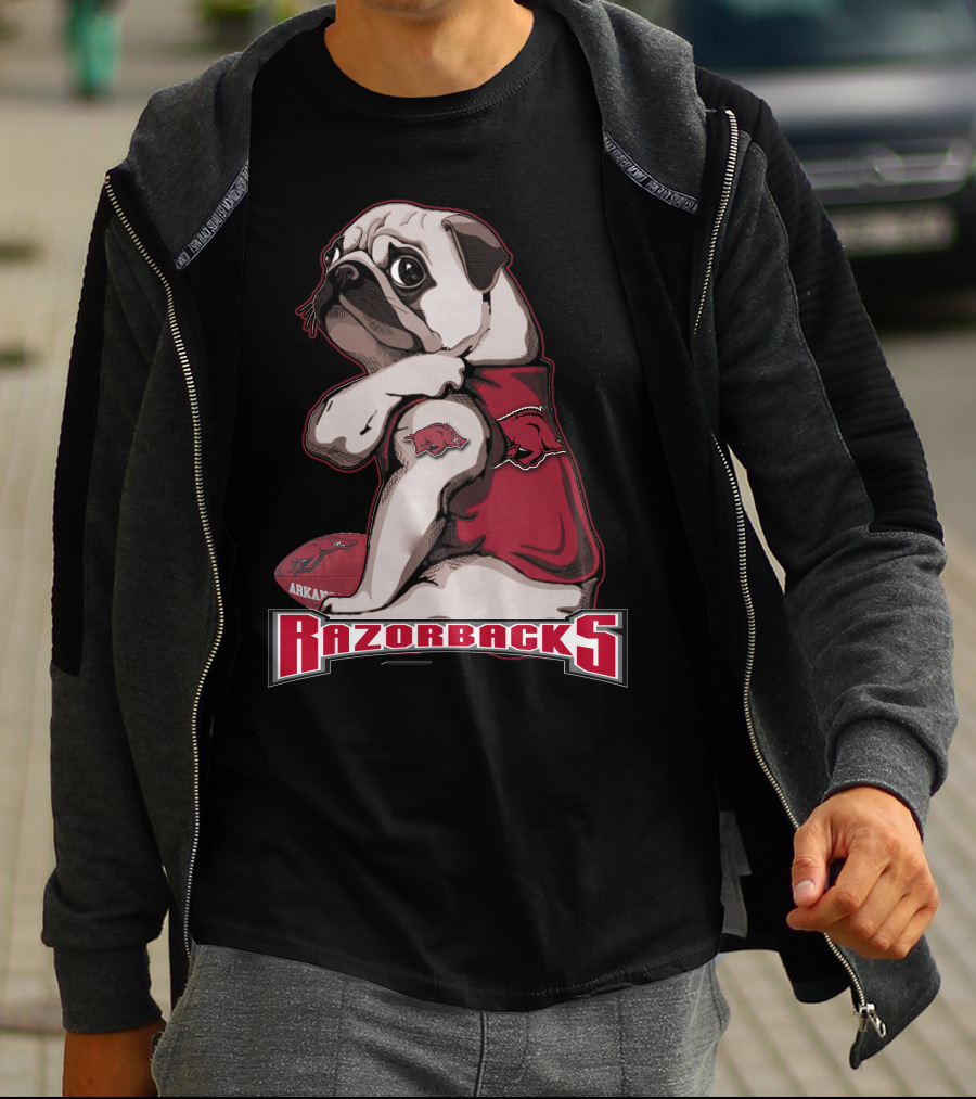 Pug Wearing Arkansas Razorbacks Football Gear T-Shirt