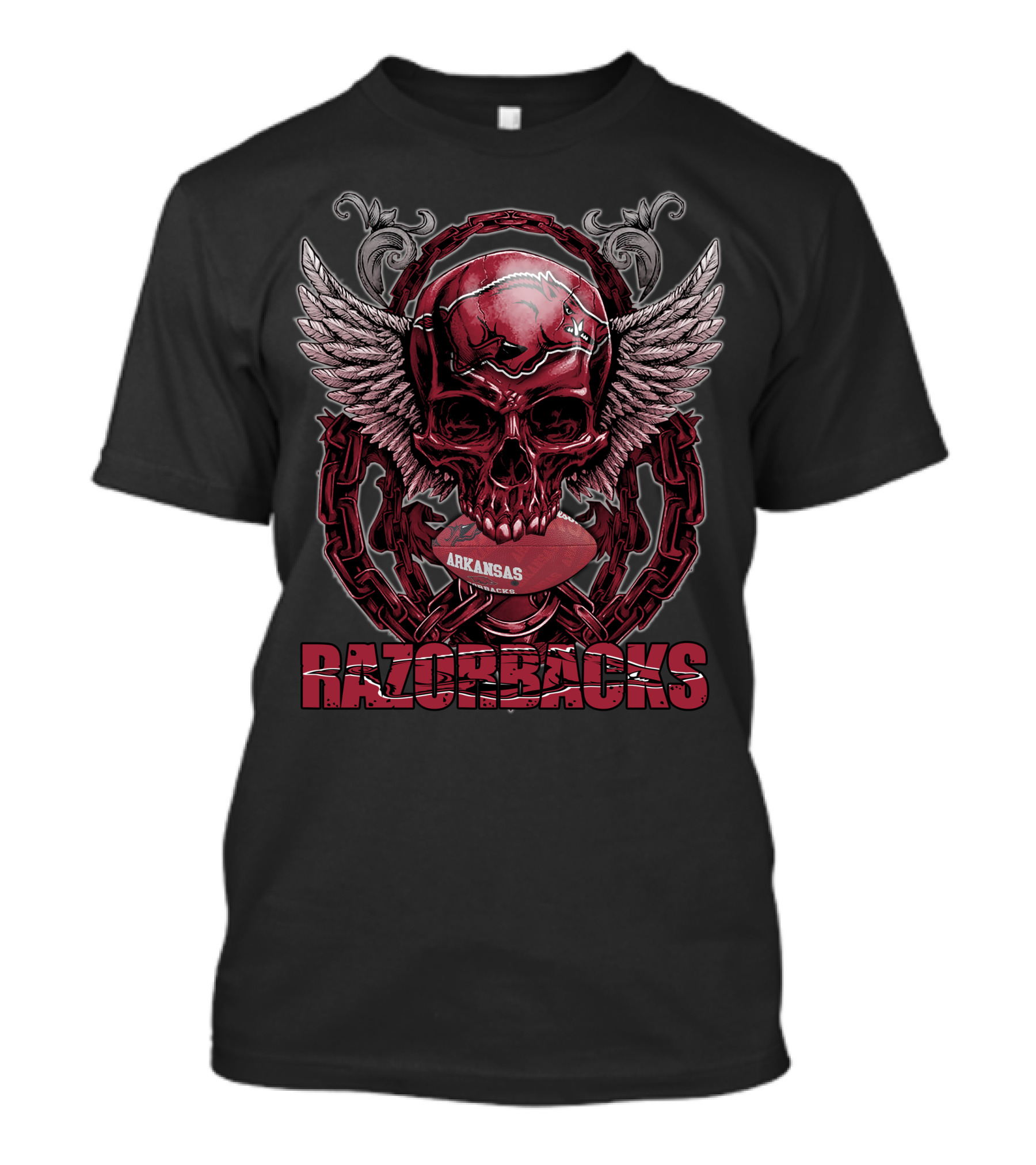 Arkansas Razorbacks Skull Winged Football T-Shirt