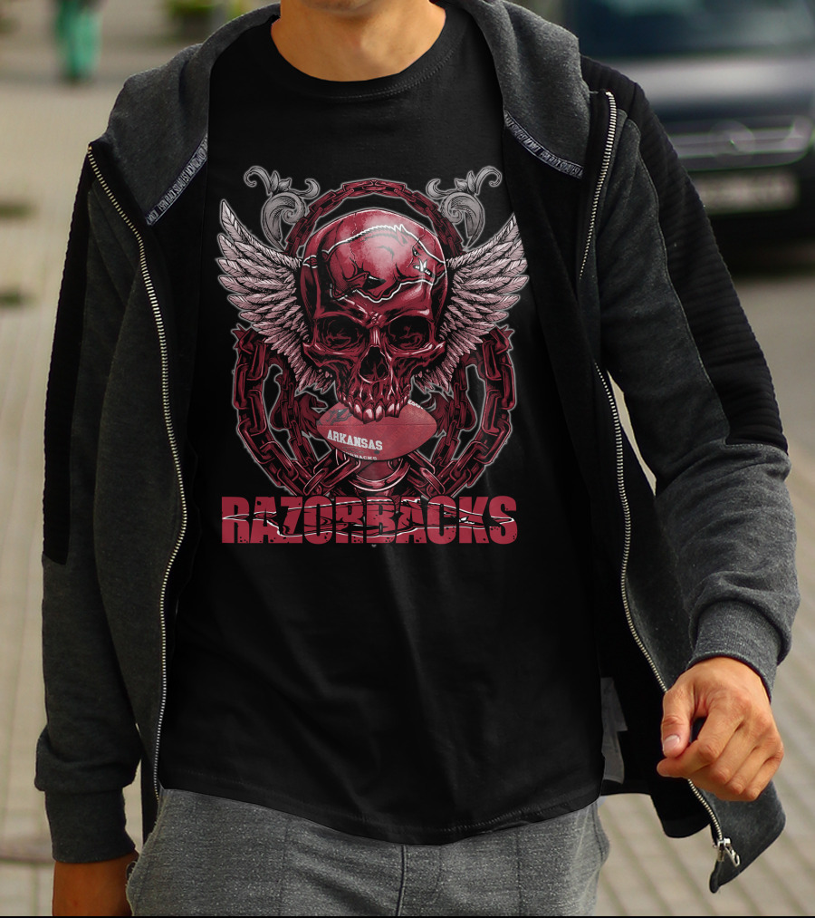 Arkansas Razorbacks Skull Winged Football T-Shirt