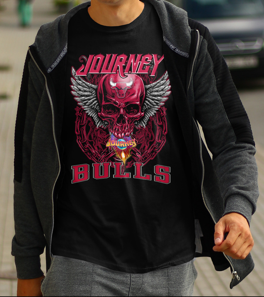 Journey Chicago Bulls Flaming Skull Wings Chain T-Shirt