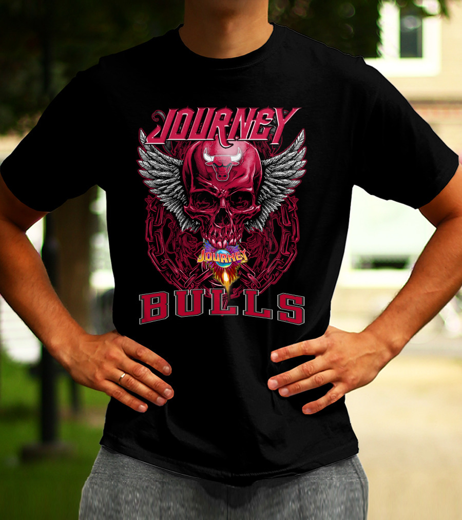 Journey Chicago Bulls Flaming Skull Wings Chain T-Shirt