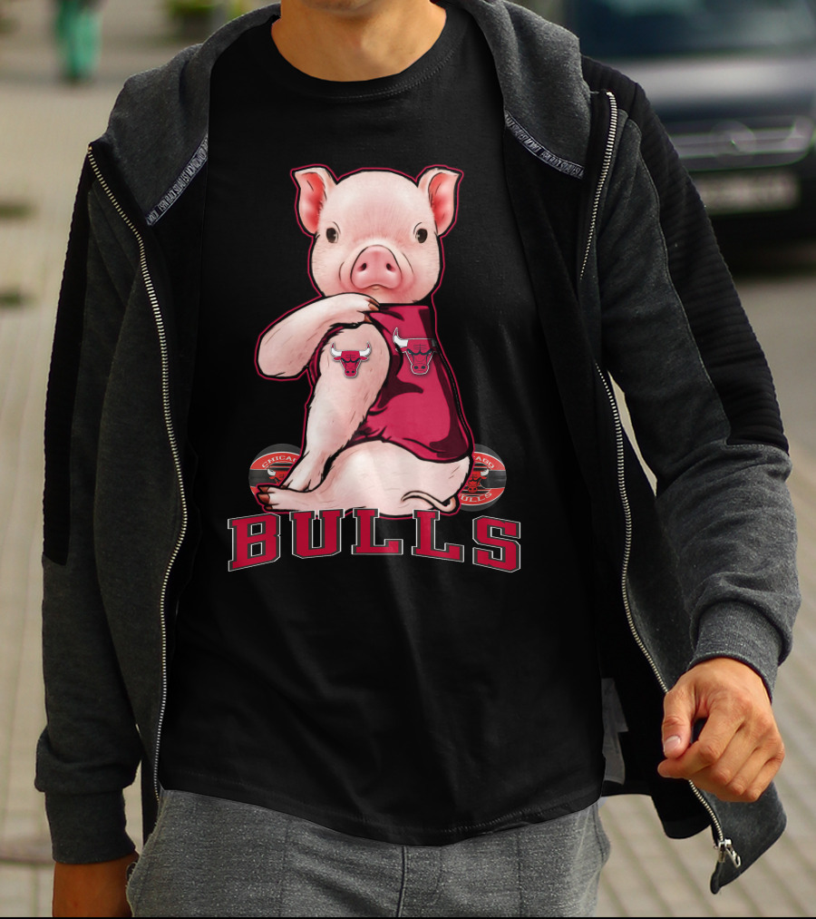 Pig With Chicago Bulls Logo On Jersey And Bulls Emblem T-Shirt