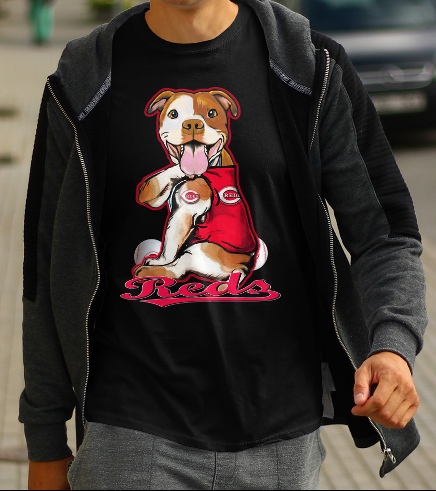 Pittbull Wearing Cincinnati Reds Jersey With Baseballs T-Shirt