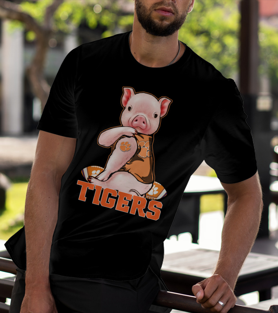 Pig Wearing Clemson Tigers Jersey Football Motif T-Shirt
