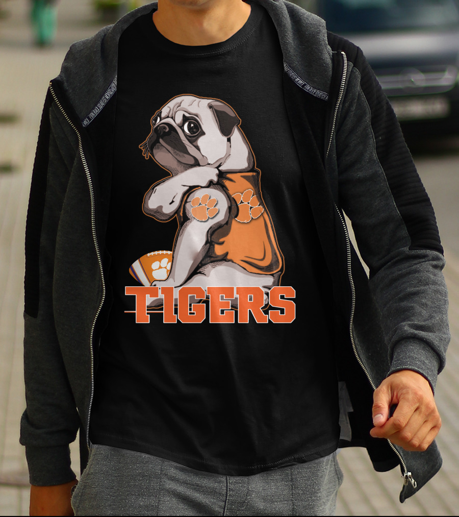 Pug Wearing Clemson Tigers Jersey With Paw Prints Football T-Shirt
