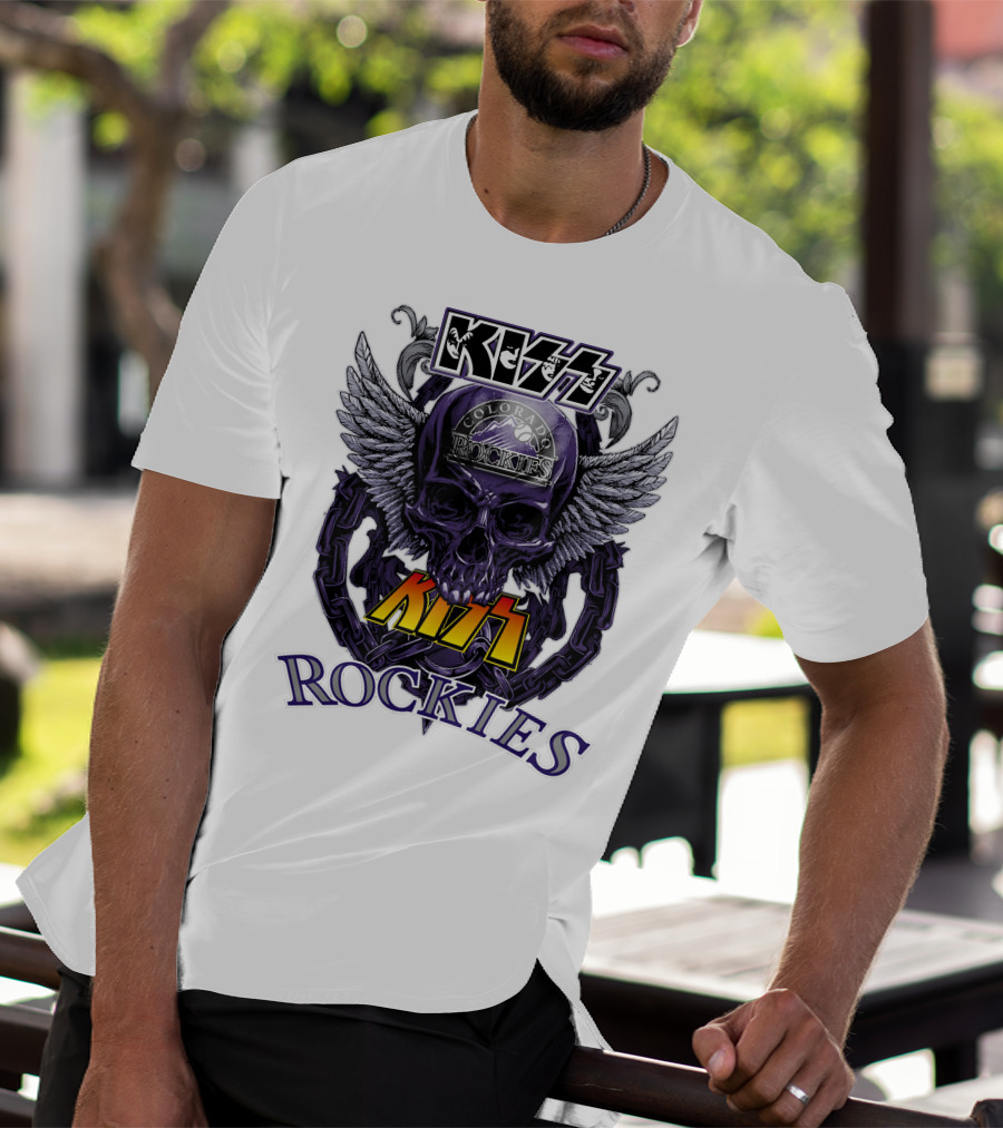 Kiss Colorado Rockies Skull Wings Logo Fusion T-Shirt