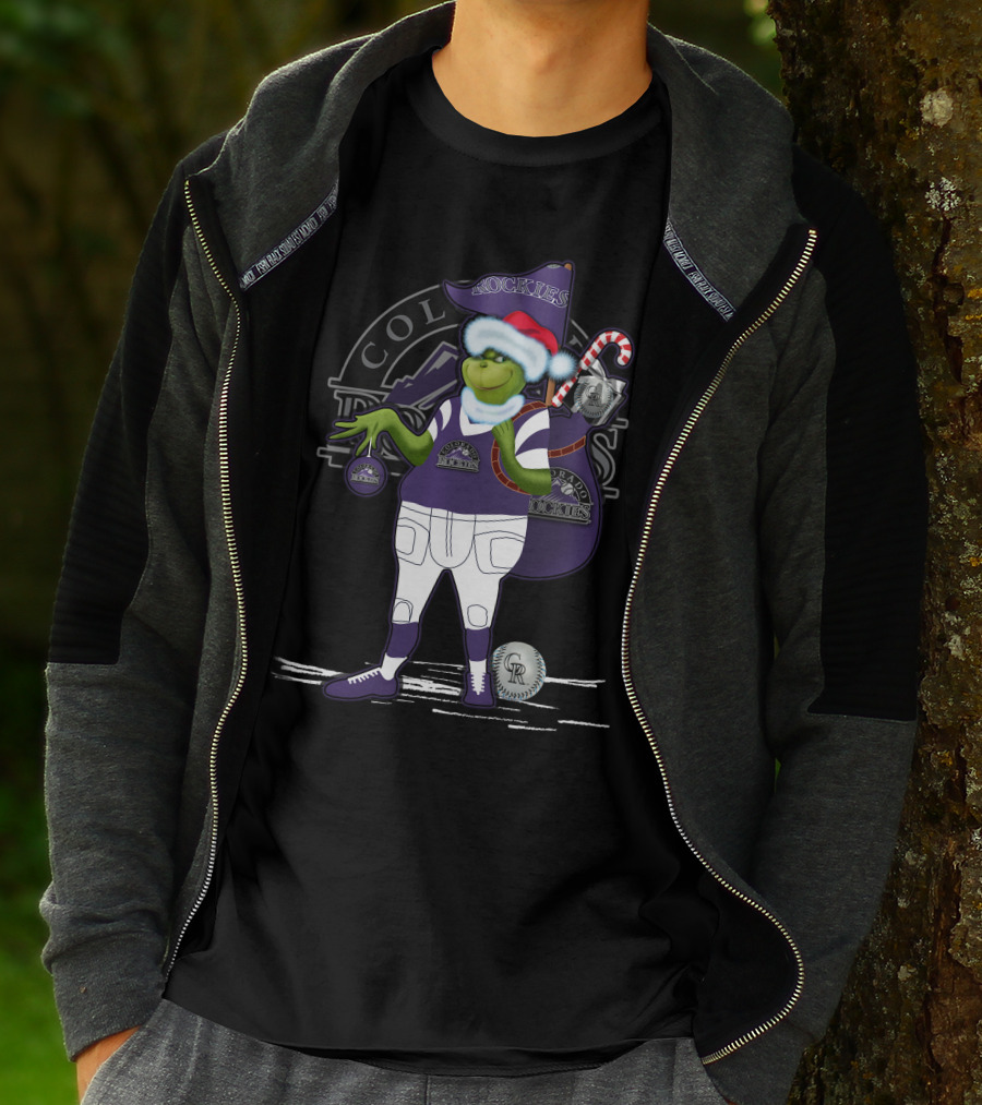 Grinchxmas Colorado Rockies Santa Grinch With Baseball Gear And Candy Cane T-Shirt