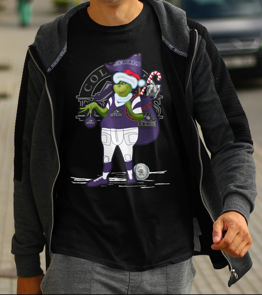 Grinchxmas Colorado Rockies Santa Grinch With Baseball Gear And Candy Cane T-Shirt
