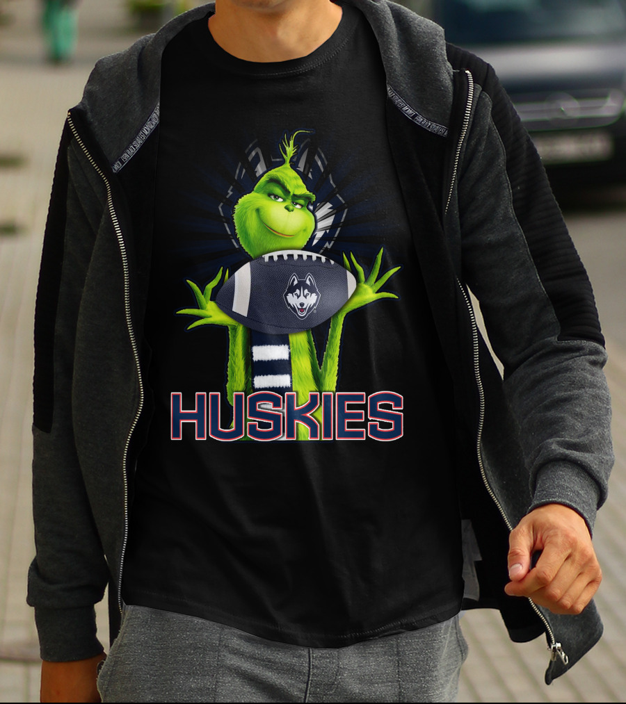 Grinch Holding Football With Huskies T-Shirt