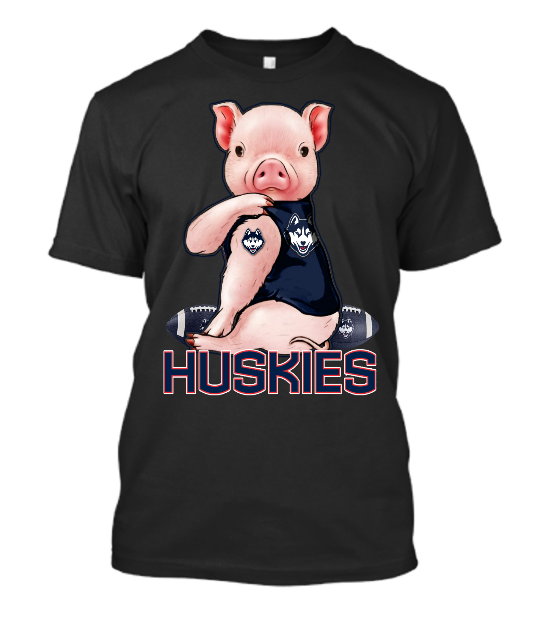 Pig Wearing Connecticut Huskies Logo Football Mascot T-Shirt