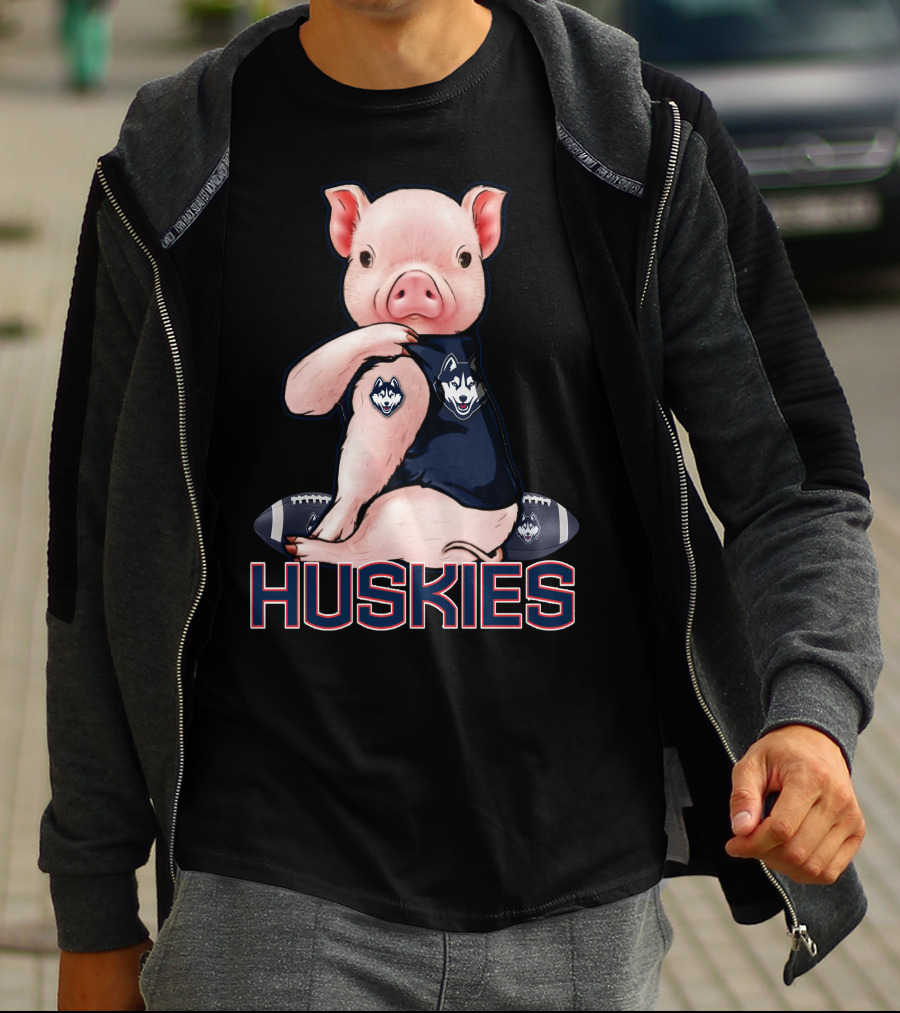 Pig Wearing Connecticut Huskies Logo Football Mascot T-Shirt