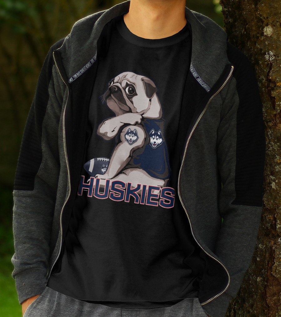 Pug With Connecticut Huskies Logo And Football T-Shirt