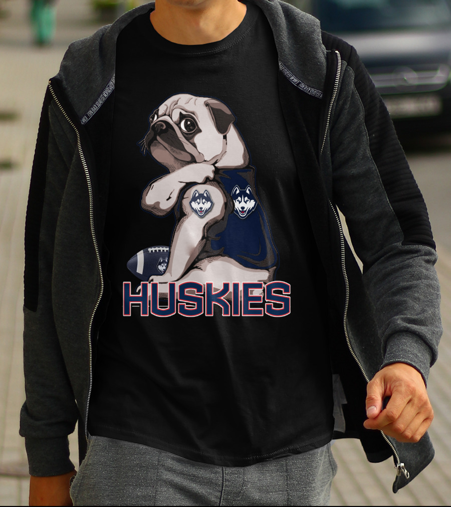 Pug With Connecticut Huskies Logo And Football T-Shirt
