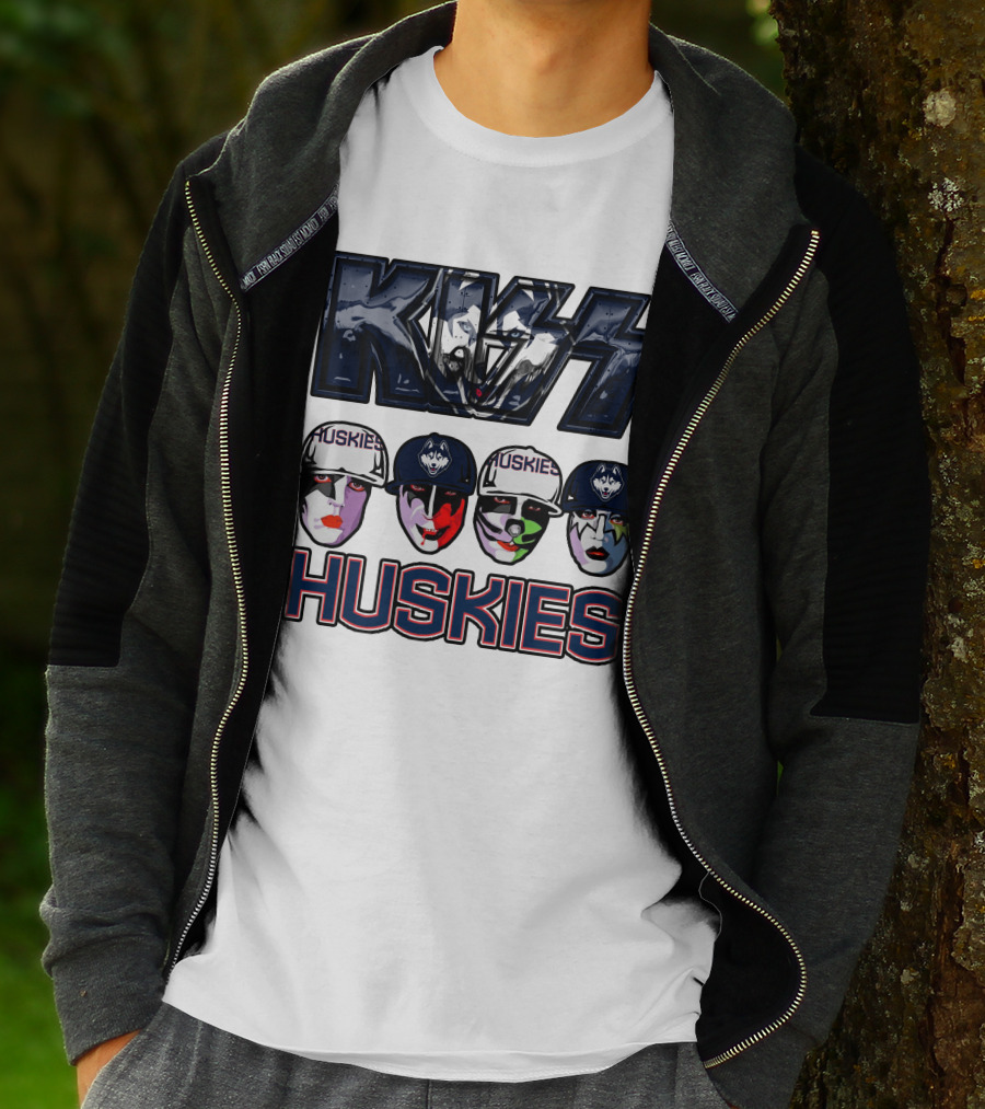 Kiss Band Style Logo With Connecticut Huskies Faces And Hats T-Shirt