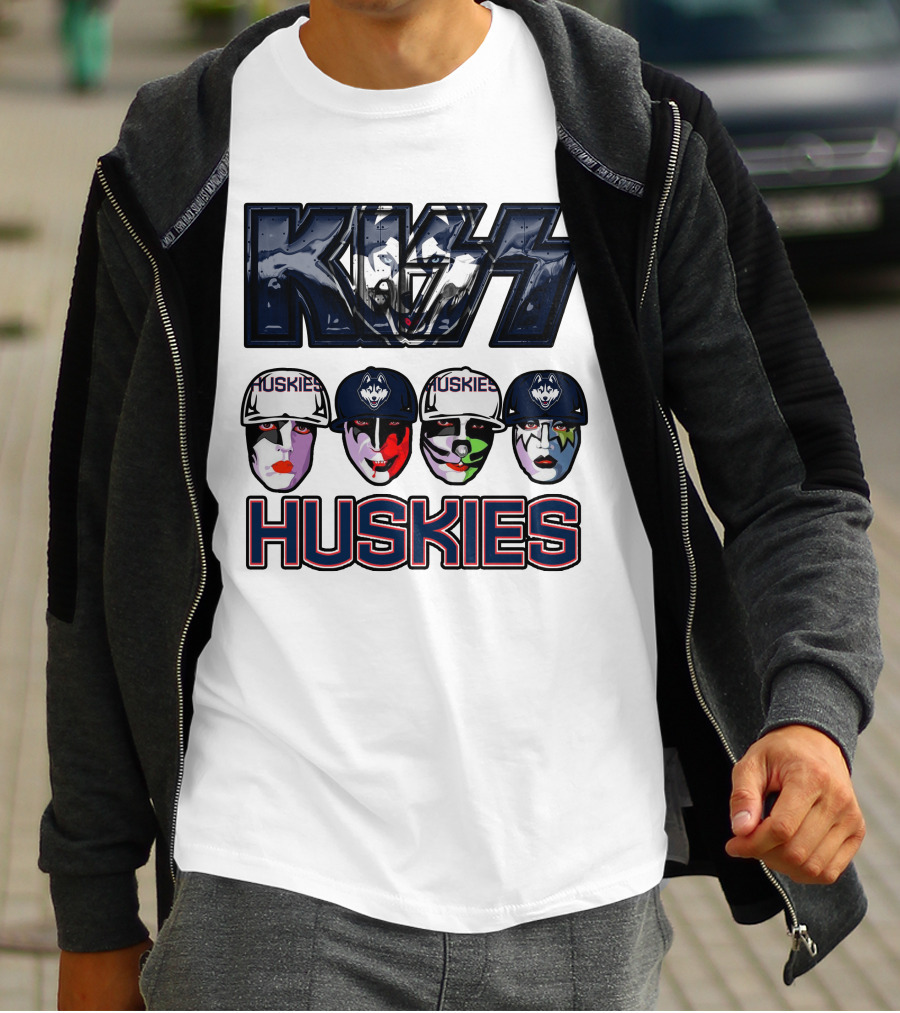 Kiss Band Style Logo With Connecticut Huskies Faces And Hats T-Shirt
