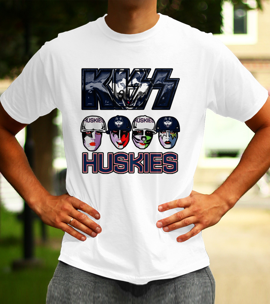 Kiss Band Style Logo With Connecticut Huskies Faces And Hats T-Shirt