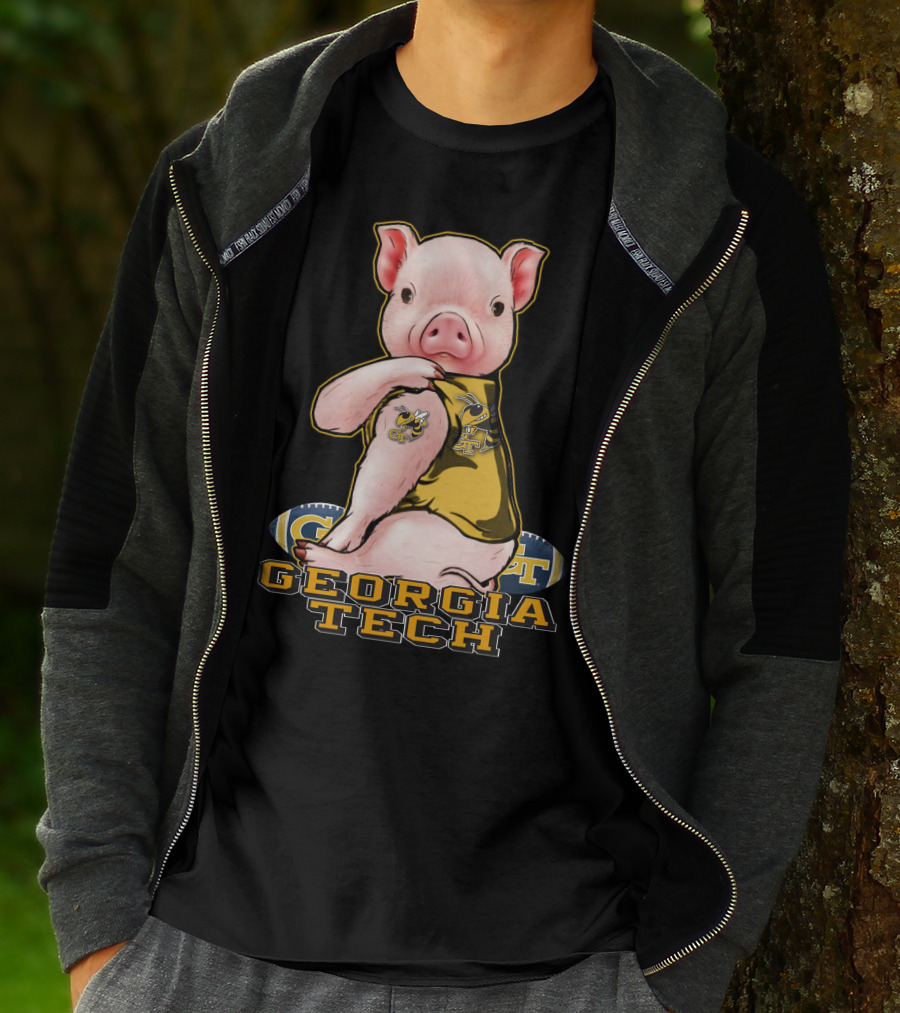 Pig Wearing Georgia Tech Yellow Jackets Mascot Jersey T-Shirt