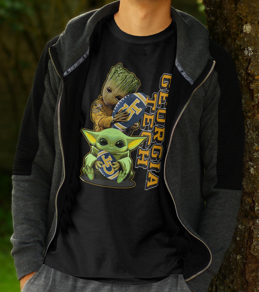 Grzd Georgia Tech Yellow Jackets Groot And Baby Yoda Football T-Shirt