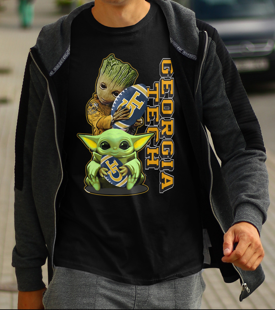 Grzd Georgia Tech Yellow Jackets Groot And Baby Yoda Football T-Shirt