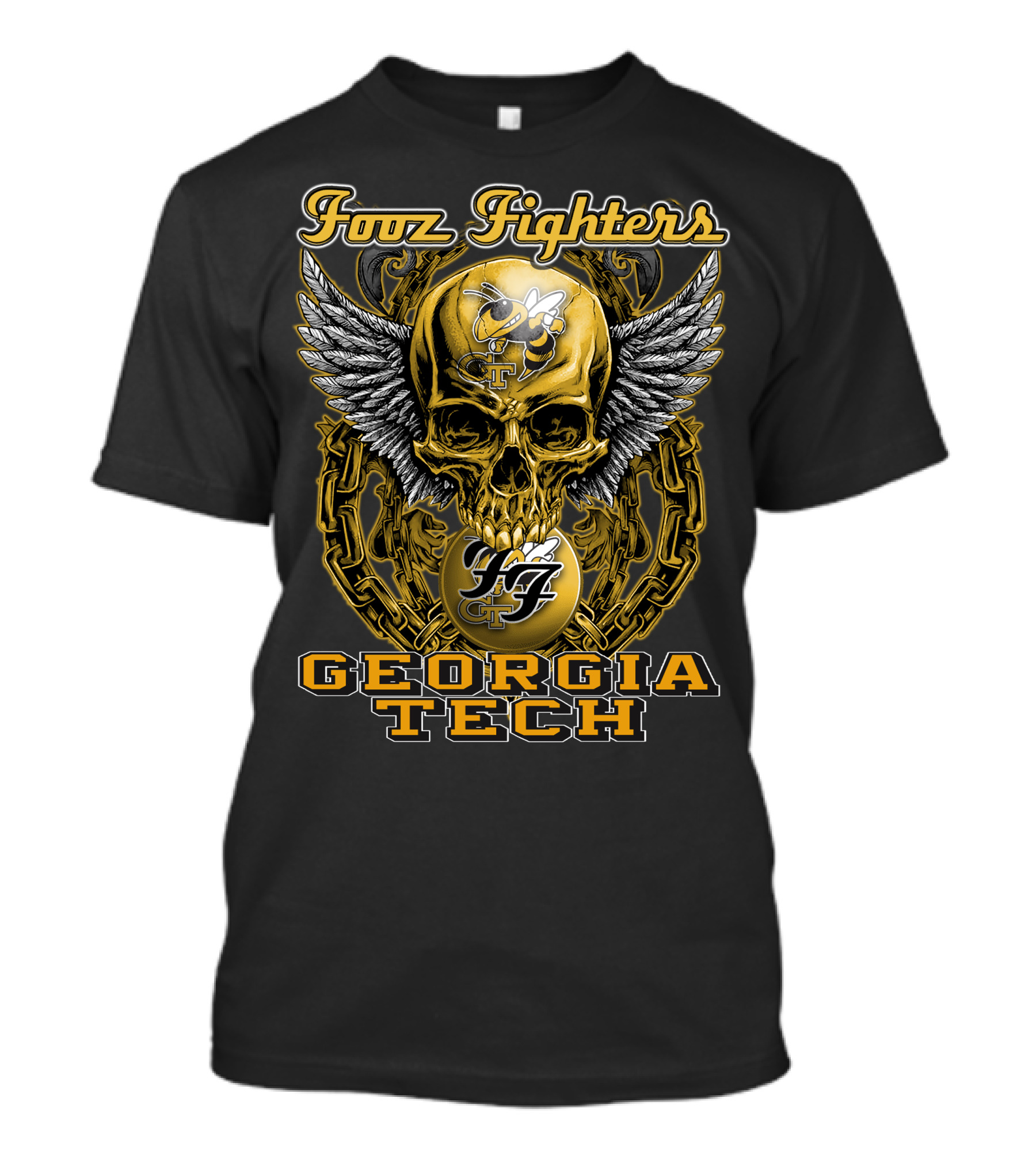Foo Fighters Georgia Tech Yellow Jackets Skull Wings Chain T-Shirt