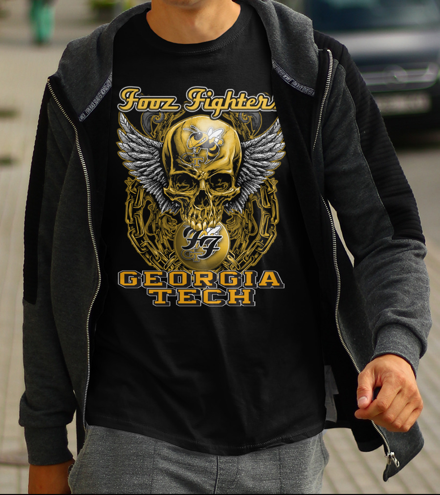 Foo Fighters Georgia Tech Yellow Jackets Skull Wings Chain T-Shirt