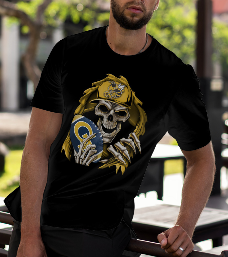 Skullbong Georgia Tech Yellow Jackets Grim Reaper Holding GT Football With Yellow Jacket Cap T-Shirt