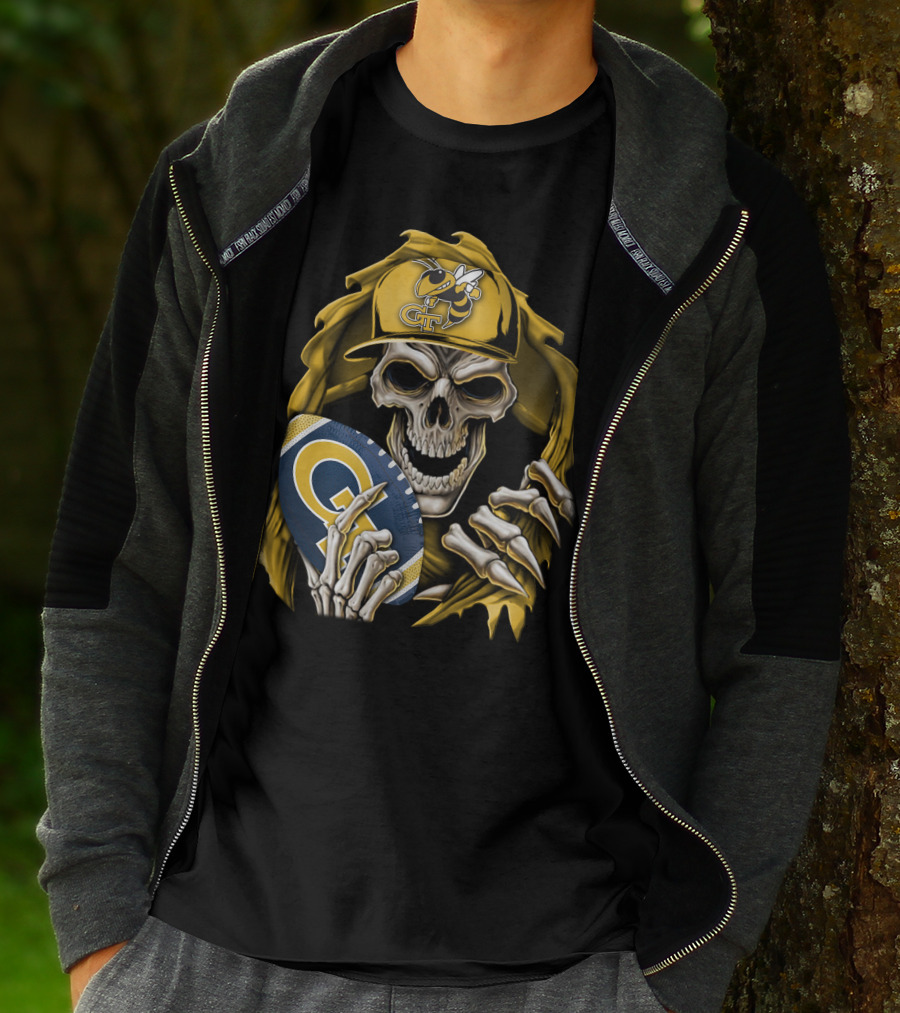 Skullbong Georgia Tech Yellow Jackets Grim Reaper Holding GT Football With Yellow Jacket Cap T-Shirt