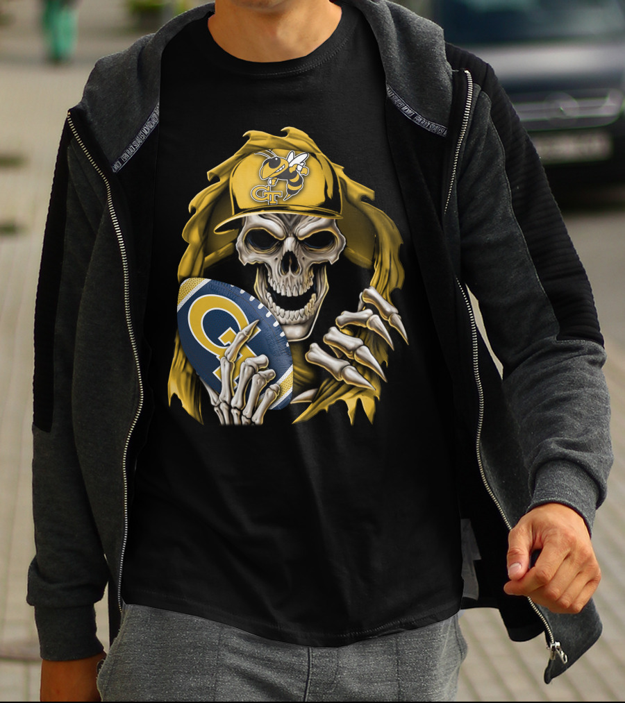 Skullbong Georgia Tech Yellow Jackets Grim Reaper Holding GT Football With Yellow Jacket Cap T-Shirt