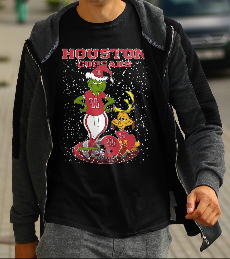Houston Cougars Grinch Holiday Football Snow Scene T-Shirt