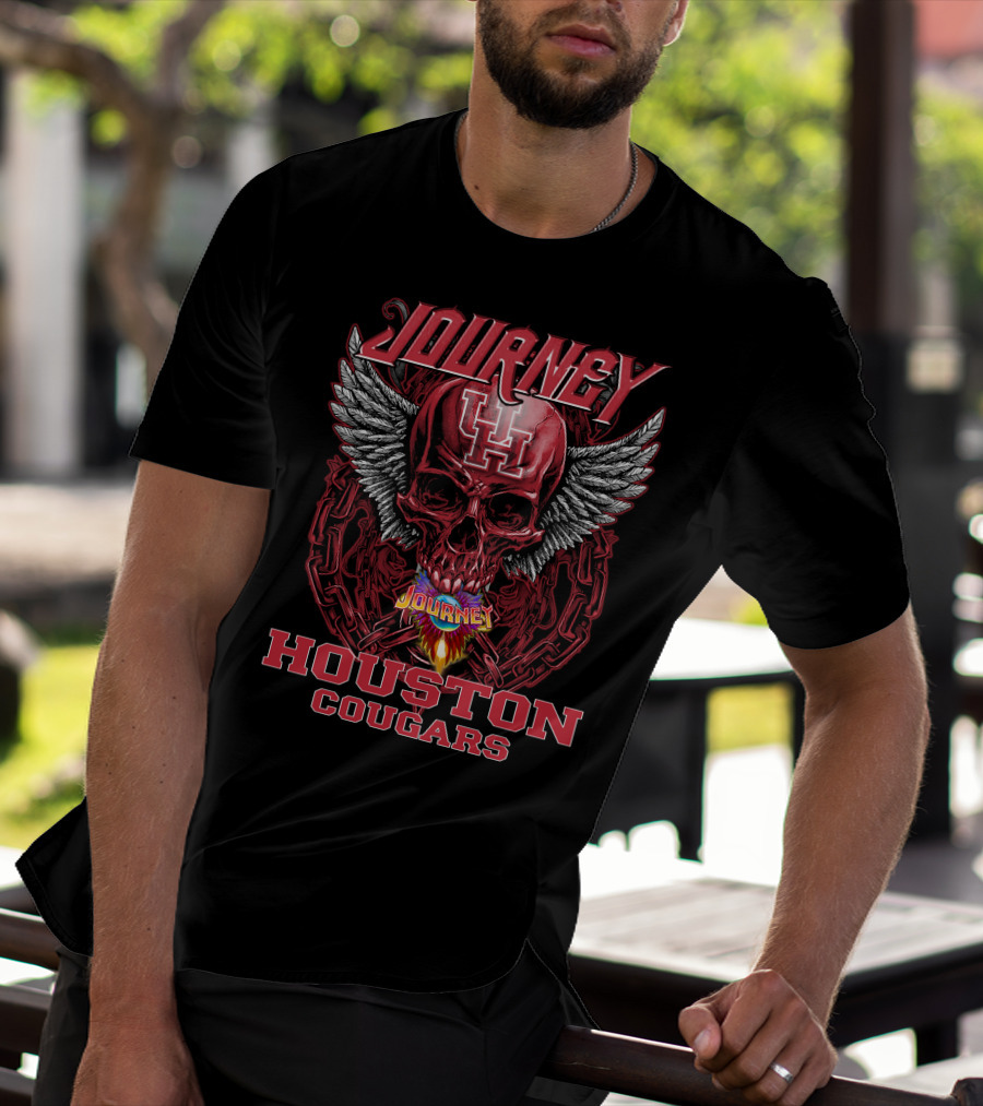 Journey Houston Cougars Skull Wings Flame Chains T-Shirt