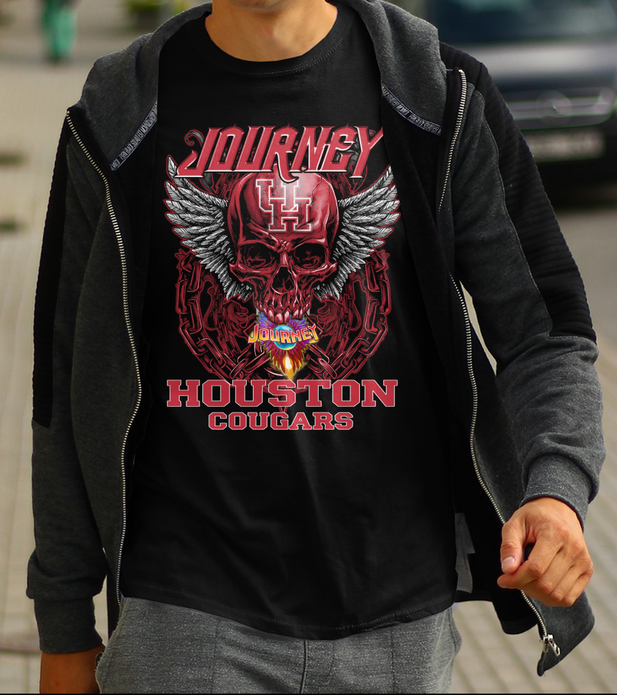 Journey Houston Cougars Skull Wings Flame Chains T-Shirt