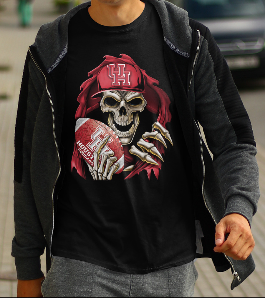 Skullbong Houston Cougars Skeleton Holding Football With UH T-Shirt