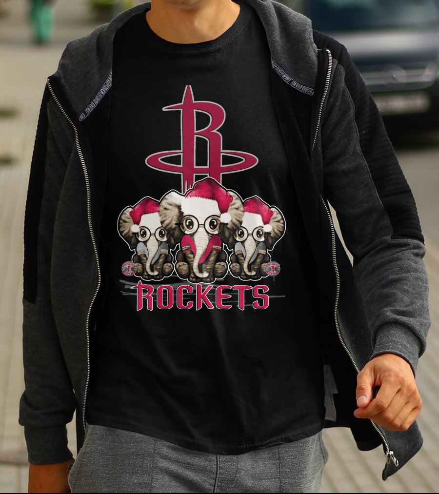 Houston Rockets Xmas Elephants With Santa Hats T-Shirt