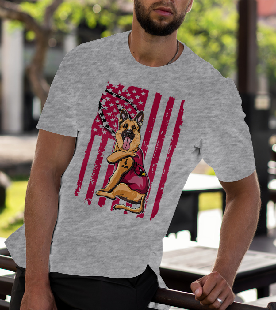 German Shepherd Wearing Arizona Cardinals Jersey With American Flag Background T-Shirt