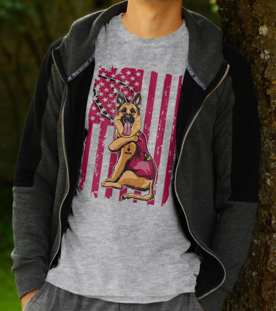 German Shepherd Wearing Arizona Cardinals Jersey With American Flag Background T-Shirt