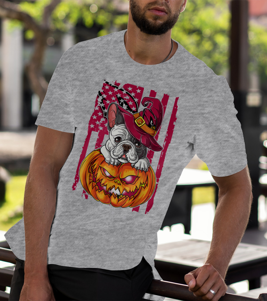 Hlw Bulldog Witch Hat Pumpkin Stars Stripes T-Shirt
