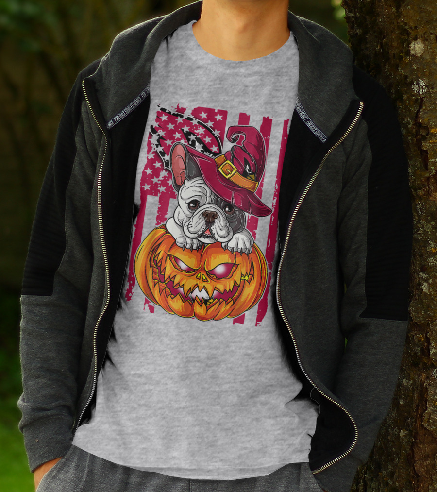 Hlw Bulldog Witch Hat Pumpkin Stars Stripes T-Shirt