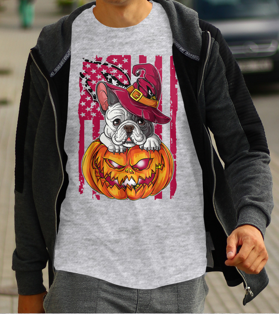 Hlw Bulldog Witch Hat Pumpkin Stars Stripes T-Shirt