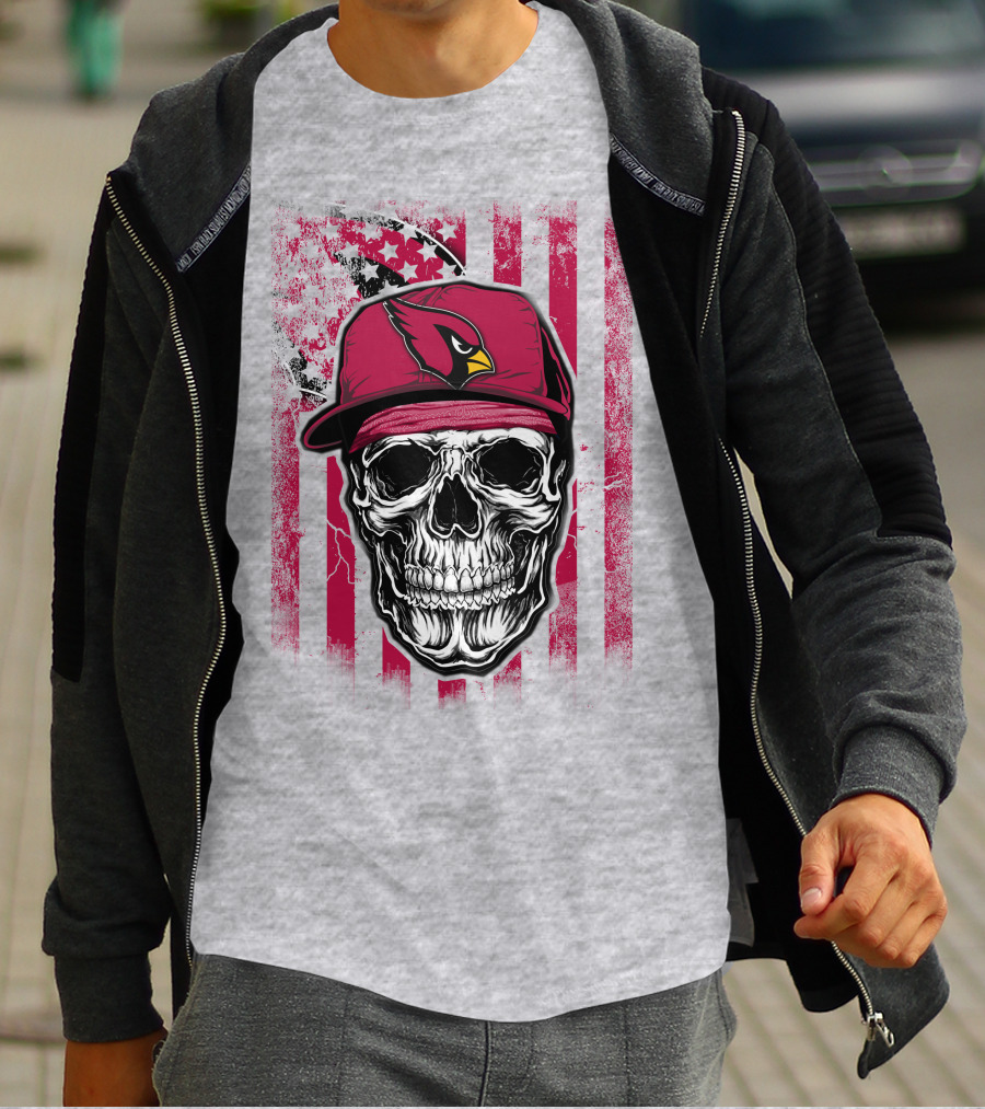 Skull V1 Arizona Cardinals Red Cap American Flag T-Shirt