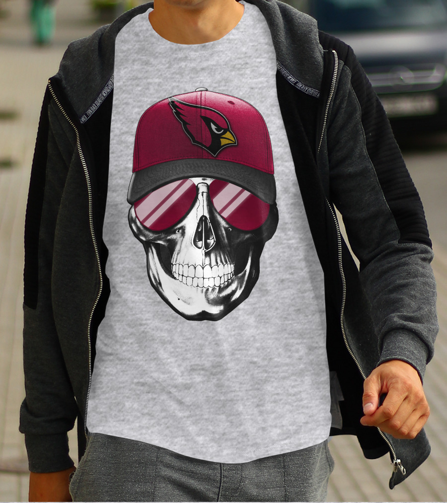 Skull V7 Arizona Cardinals Logo Hat And Sunglasses T-Shirt