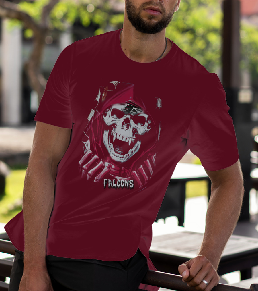 Atlanta Falcons Skull In Red Hood With Logo Elements T-Shirt