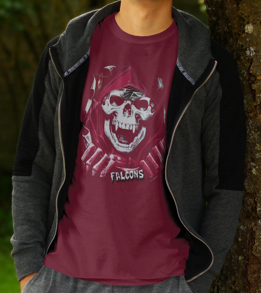 Atlanta Falcons Skull In Red Hood With Logo Elements T-Shirt