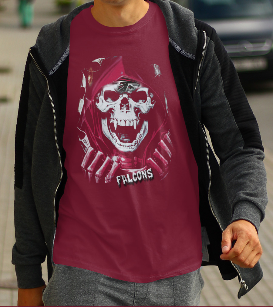 Atlanta Falcons Skull In Red Hood With Logo Elements T-Shirt