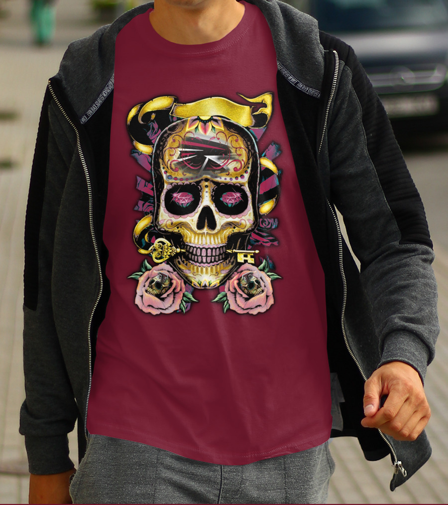 Atlanta Falcons Skull With Roses And Key T-Shirt