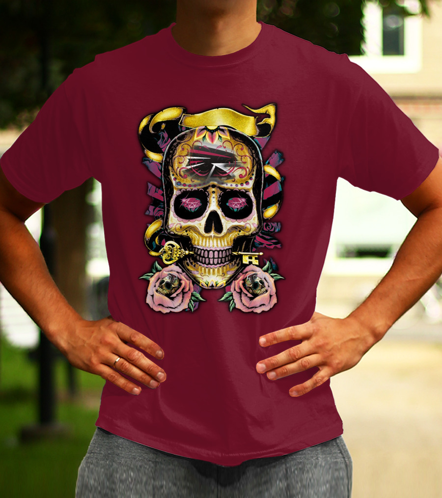 Atlanta Falcons Skull With Roses And Key T-Shirt