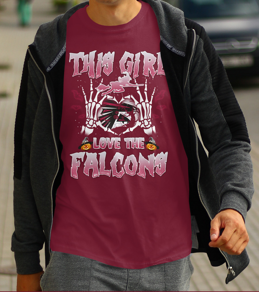 This Girl Love The Falcons Halloween Skeleton Hands Pumpkin T-Shirt