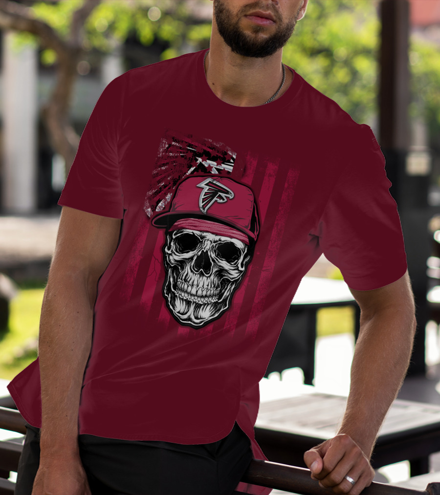 Skull V1 Atlanta Falcons Cap With Falcons Logo And Grunge Stripes T-Shirt